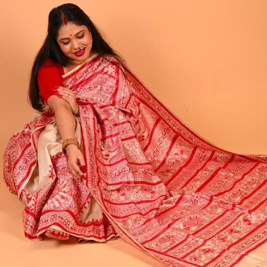 Tussar Saree with Madhubani Bride, Doli, and Kaahar Painting